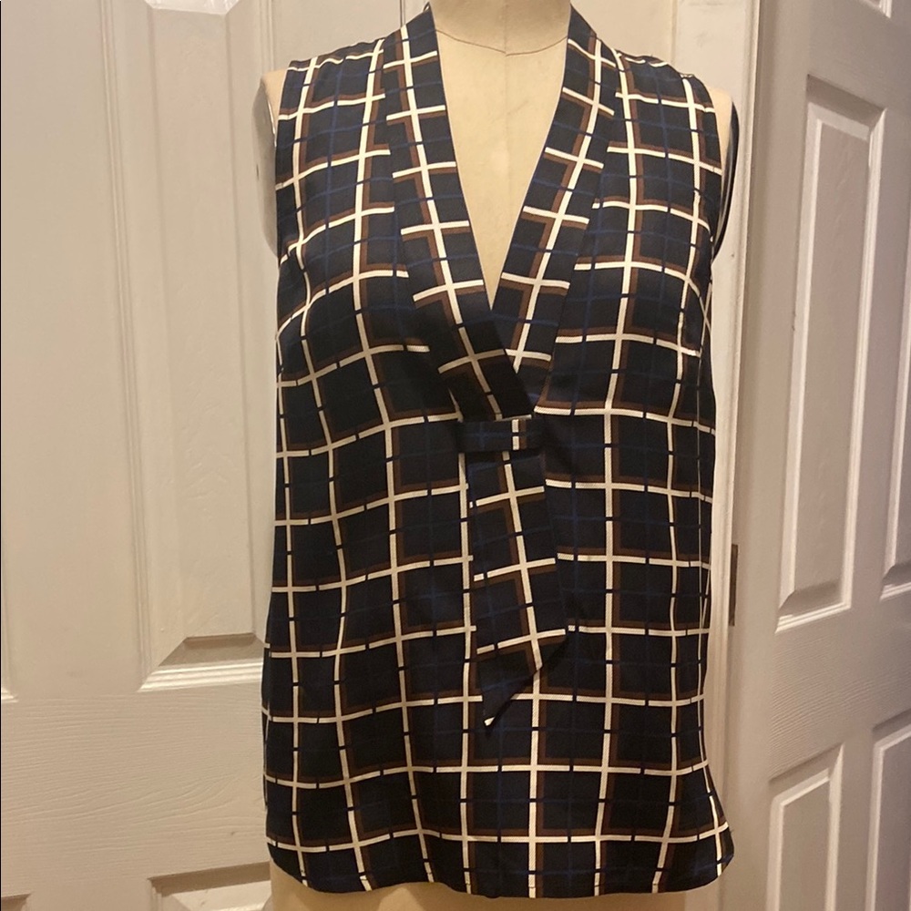 J CREW Silk Navy and White Checkered Sleeveless Top